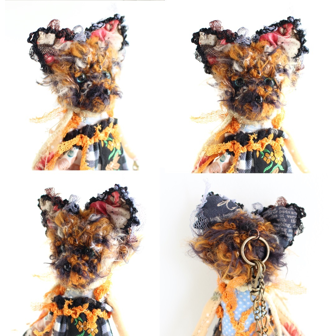 サビ猫のミニぬいぐるみ 13cm バックチャーム付きフランスヴィンテージリボン ハンドメイドのぬいぐるみ/人形(ぬいぐるみ)の商品写真