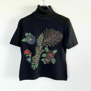 レオナール(LEONARD)のM レオナール 半袖 ウールニット ラインストーン 刺繍 花柄 ブラック(ニット/セーター)