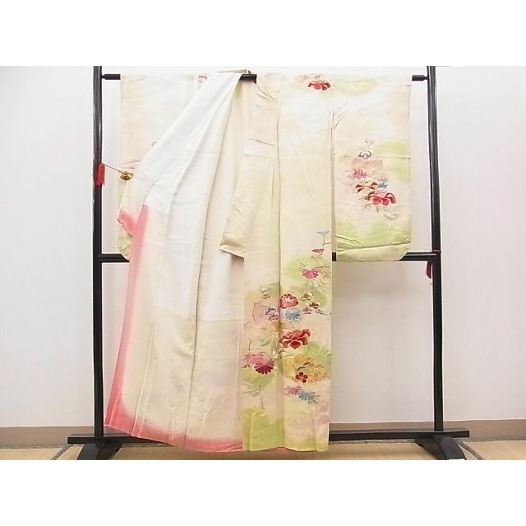 平和屋野田店■小振袖　駒刺繍　四季草花文　暈し染め　金銀糸　銀彩　逸品　n-sa3959 レディースの水着/浴衣(振袖)の商品写真