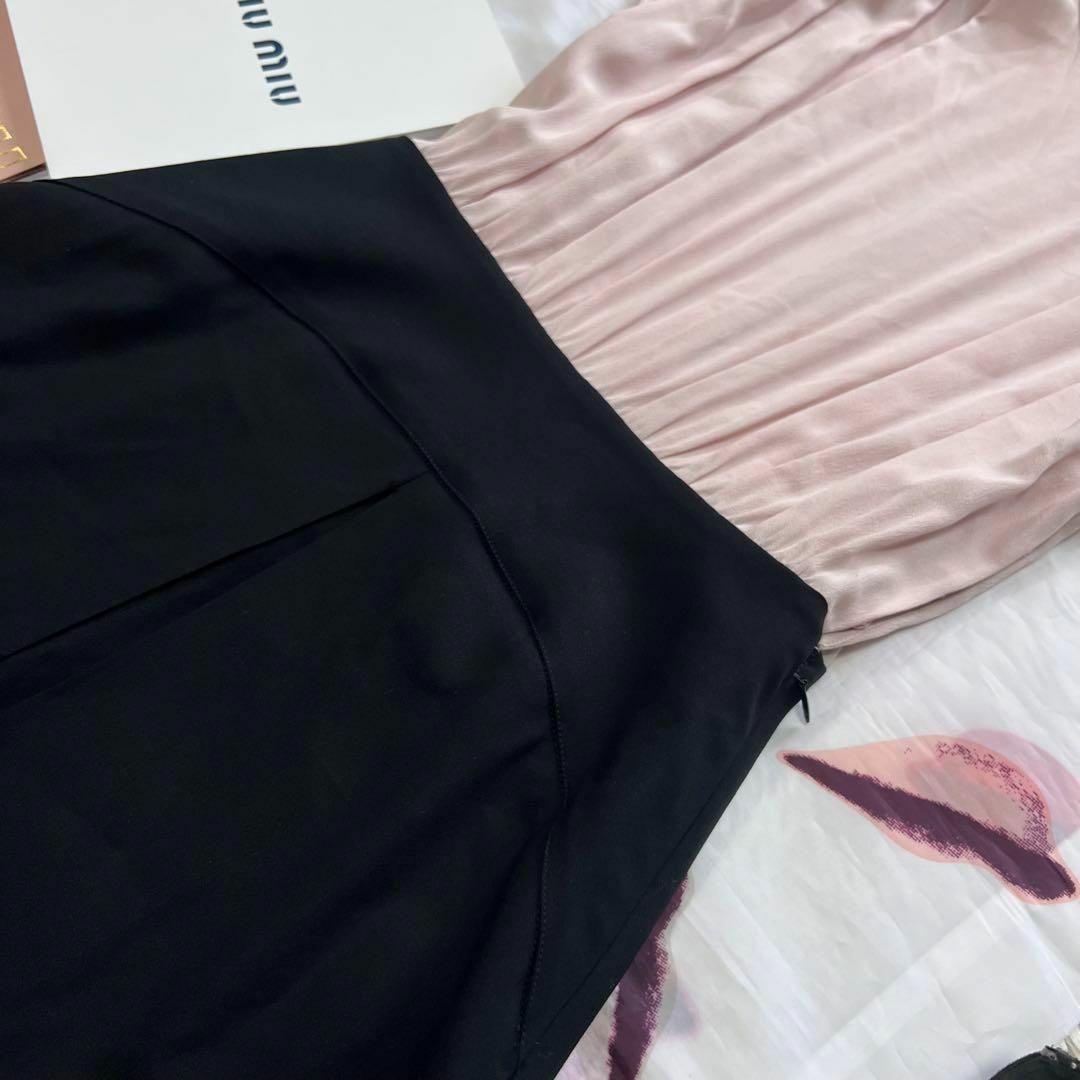 美品】MIU MIU バイカラーワンピース 膝丈 半袖 38 ピンク ブラック 美品】MIU MIU バイカラーワンピース 膝丈 半袖 38 ピンク ブラック