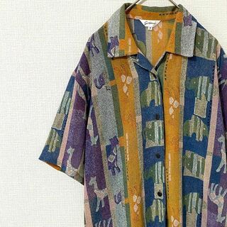ナチュラルヴィンテージ(natuRAL vintage)のシャツ 半袖 ストライプ アート アニマル 動物 総柄 マルチカラー M相当(シャツ)