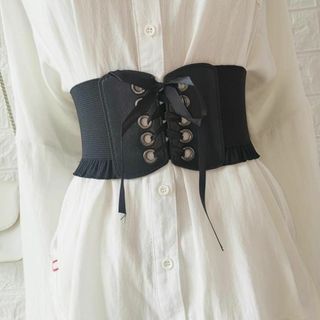 【ブラック】ゴシックコルセット ベルト 編み上げリボン 裾フリル(ベルト)