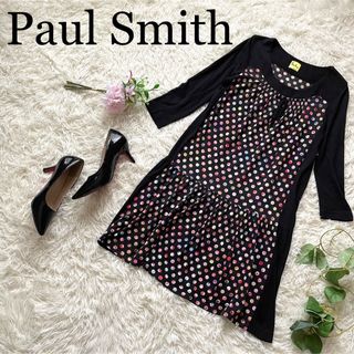 ポールスミス(Paul Smith)の【美品】ポールスミス　マルチカラードットワンピース　レーヨン　黒(ひざ丈ワンピース)