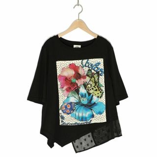 スカラー(ScoLar)のスカラ141646 花蝶柄アップリケ アシンメトリー裾ドットシフォンプルオーバー(Tシャツ(半袖/袖なし))