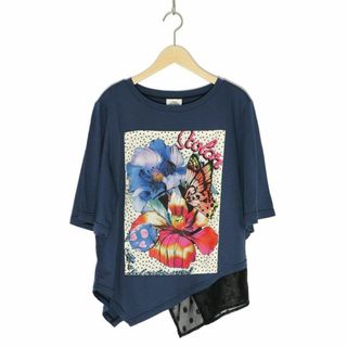 スカラー(ScoLar)のスカラ141646 花蝶柄アップリケ アシンメトリー裾ドットシフォンプルオーバー(Tシャツ(半袖/袖なし))