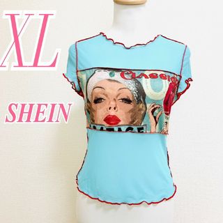 シーイン(SHEIN)のシーイン　半袖カットソー　XL　ブルー　プリント　メロウ　※ケアタグなし(Tシャツ(半袖/袖なし))