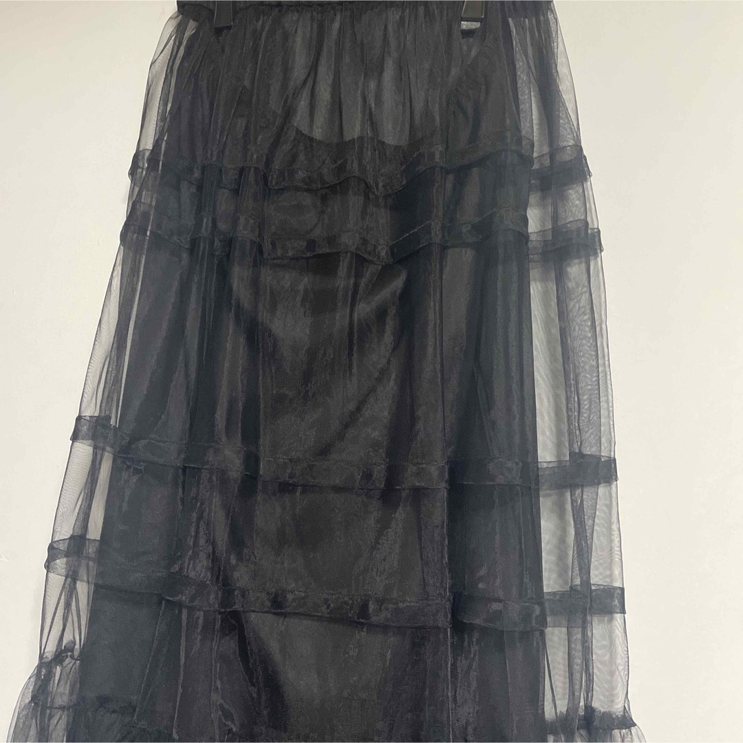 Omekashi(オメカシ)のomekashi タックチュールスカート　ブラック レディースのスカート(ロングスカート)の商品写真
