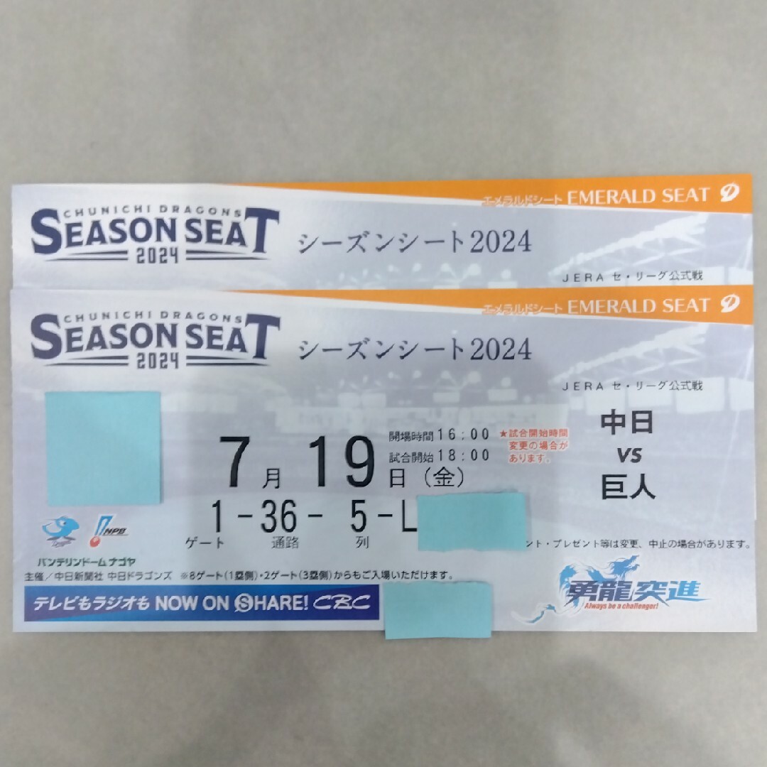 中日ドラゴンズ(チュウニチドラゴンズ)の中日ドラゴンズ　７月１９日　巨人戦　エメラルド５列目 チケットのスポーツ(野球)の商品写真