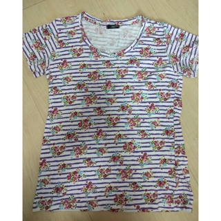 紫 白 花柄 ボーダー 半袖 Tシャツ Mサイズ(Tシャツ(半袖/袖なし))