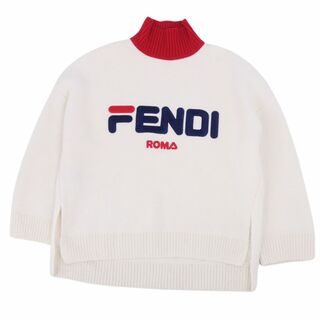 フェンディ(FENDI)の美品 フェンディ FENDI ニット セーター ロゴ モヘア アルパカ トップス レディース イタリア製 38(M相当) アイボリー/レッド(ニット/セーター)