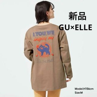 新品 GU×ELLE コラボ 猫柄英字グラフィック長袖ロングTシャツ 綿100%