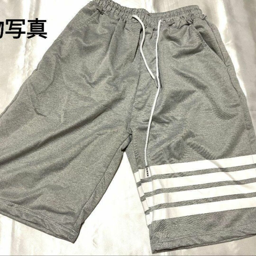 ラインパンツ 半ズボン ハーフパンツ 膝丈 グレー 韓国 ストリート系 メンズのパンツ(ショートパンツ)の商品写真