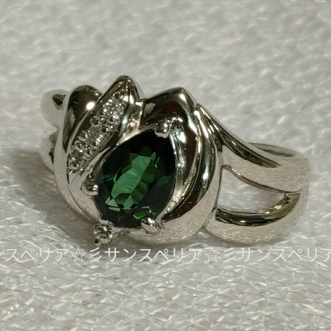 Pt900 グリーントルマリンとダイヤモンドのデザインリング　5.75g レディースのアクセサリー(リング(指輪))の商品写真