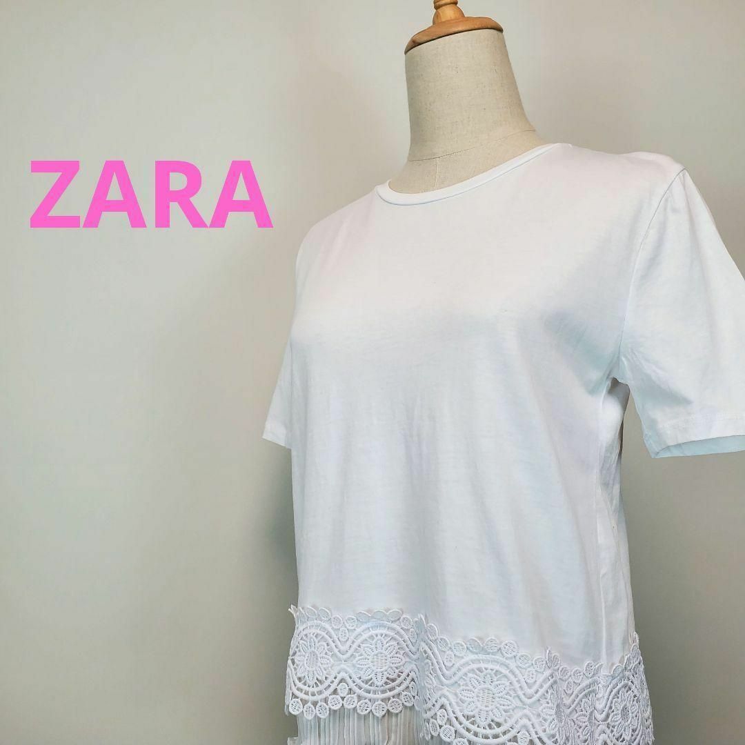 ZARA(ザラ)のザラZARA(白色)半袖Tシャツ裾レースフリル レディースのトップス(Tシャツ(半袖/袖なし))の商品写真