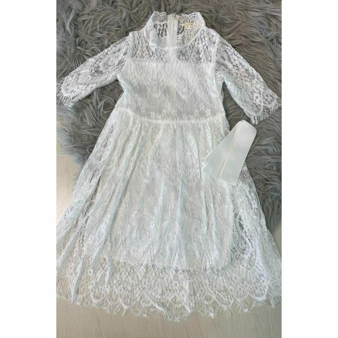 100 キッズ レースワンピース レース 白 フォーマル プリンセス ドレス キッズ/ベビー/マタニティのキッズ服女の子用(90cm~)(ワンピース)の商品写真