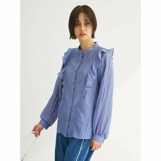 グリーンパークス(green parks)の【ブルー】フリルブラウス 24SS/レディース/春/長袖/スリット/バンドカラー(シャツ/ブラウス(長袖/七分))