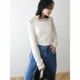 グリーンパークス(green parks)の【オフホワイト】配色ステッチシアーリブプルオーバー 24SS/クルーネック/長袖/レディース(カットソー(長袖/七分))