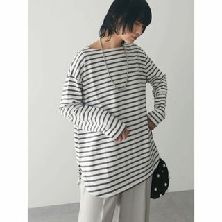 グリーンパークス(green parks)の【グレー】ラウンドボーダーリラックスプルオーバー 24SS/綿100%/クルーネック/長袖/体型カバー/春(カットソー(長袖/七分))