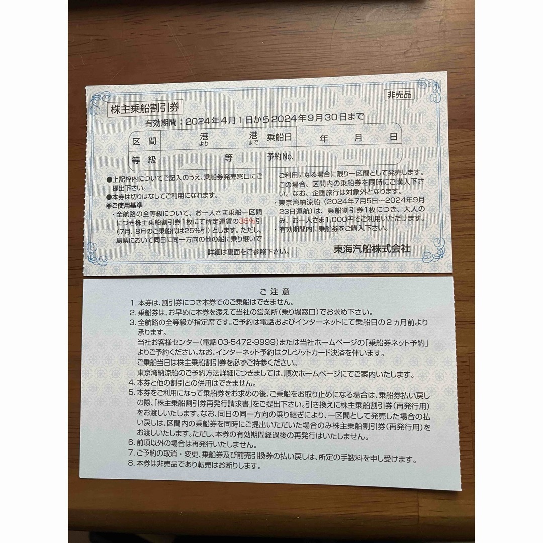 東海汽船　乗船割引券　2024年４月〜　     2枚 チケットの乗車券/交通券(その他)の商品写真