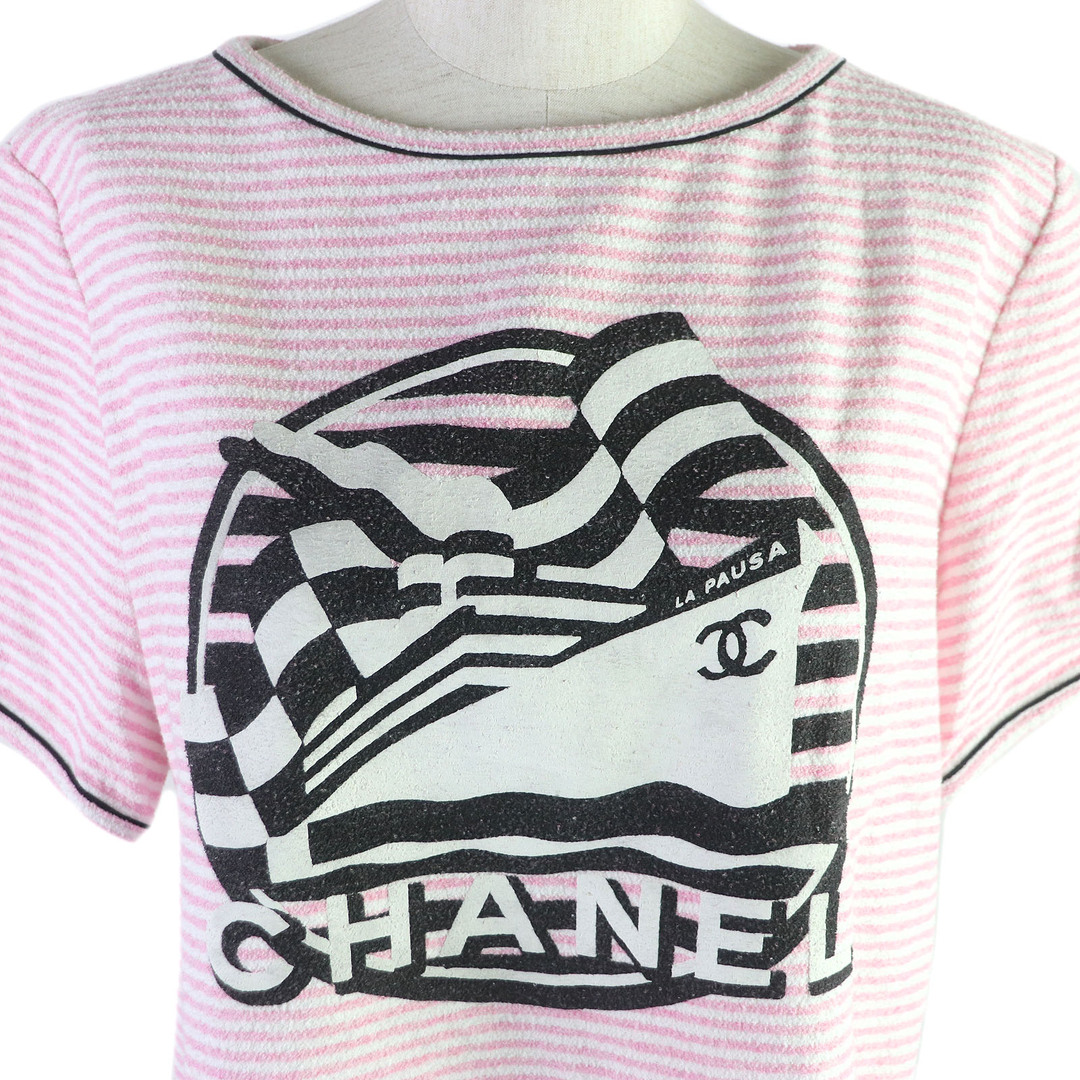 CHANEL(シャネル)の極美品 CHANEL シャネル P60455 クルーズコレクション LA PAUSA ココマーク ロゴプリント ボーダー柄 パイル地 カットソー 半袖Ｔシャツ ピンク 42 イタリア製 レディース レディースのトップス(Tシャツ(半袖/袖なし))の商品写真