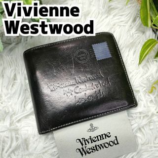 ヴィヴィアンウエストウッド(Vivienne Westwood)のヴィヴィアンウエストウッド 二つ折り財布 ブラック オーブ 切手 カーフレザー(財布)