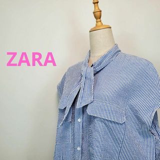 ザラ(ZARA)のザラZARA(S)青色ストライプ柄ノースリーブボウタイロングシャツ(シャツ/ブラウス(半袖/袖なし))