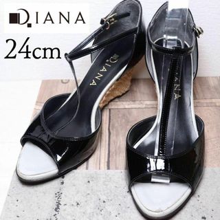 DIANA ダイアナ 24 エナメル ウェッジソール サンダル ストラップ 黒(サンダル)