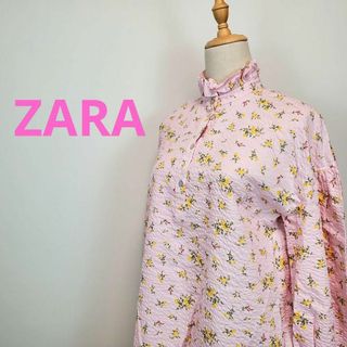 ザラ(ZARA)のザラZARA(XS)花柄ピンク長袖フリルワンピース(ひざ丈ワンピース)