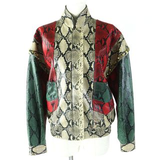 グッチ(Gucci)の美品 GUCCI グッチ 18AW 539488 レザー 裏地シルク100％ パイソンプリント 2WAY ボンバージャケット ベージュ グリーン レッド 38 イタリア製 正規品 レディース(レザージャケット)