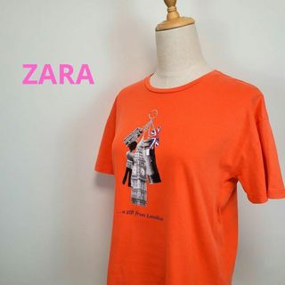 ザラ(ZARA)のザラZARA(S)イギリスプリント半袖Tシャツ オレンジ カジュアル(Tシャツ(半袖/袖なし))