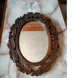 木彫り　鏡　壁掛け(壁掛けミラー)
