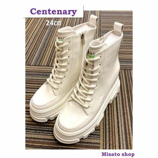 ★CENTENARY★ 牛革 厚底 エナメルレザーショートブーツ 白 24㎝(ブーツ)