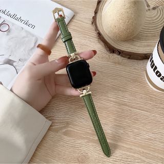 ○Apple Watch フェイクレザー グリーン+ゴールドバックル(その他)