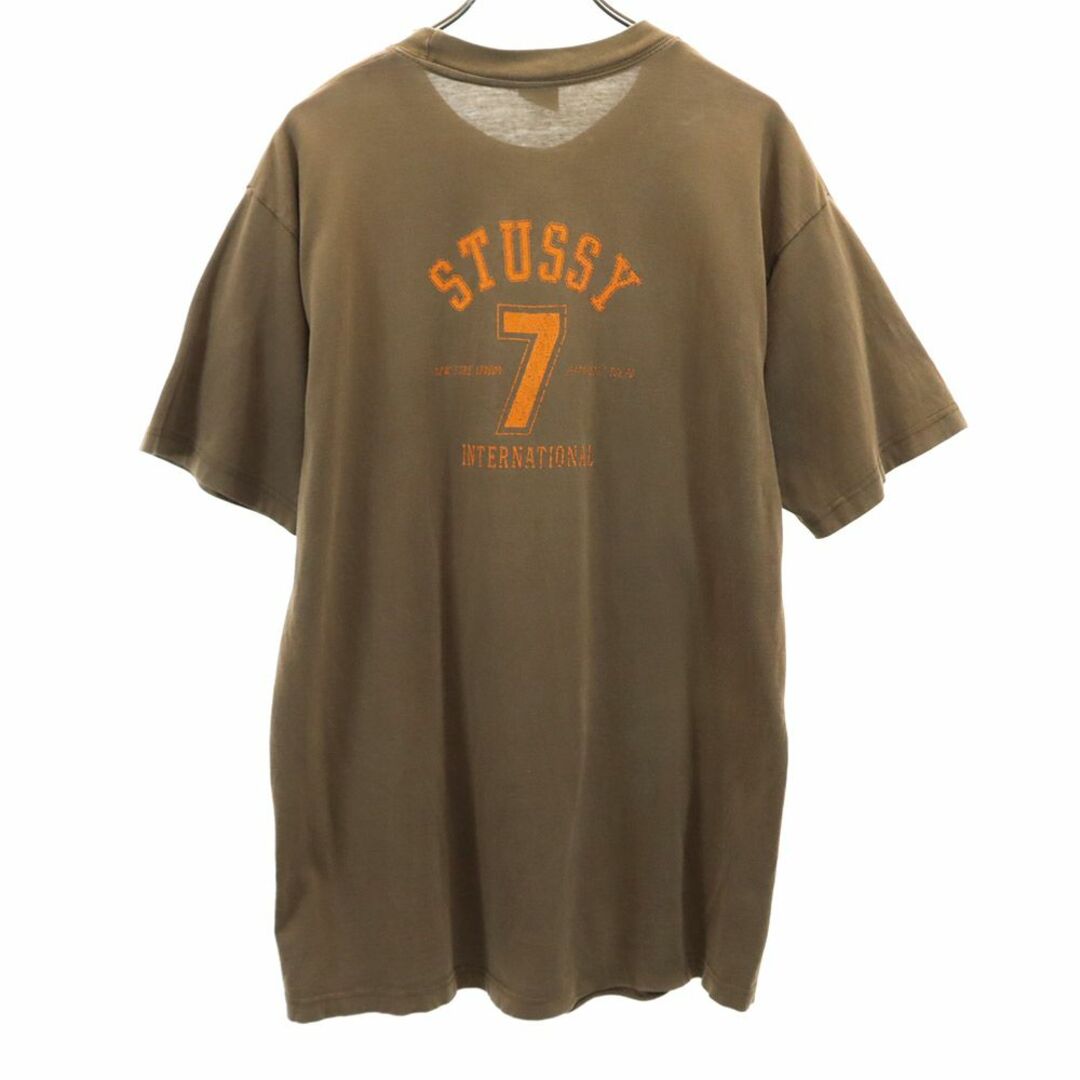 STUSSY(ステューシー)のステューシー 90s USA製 オールド 紺タグ プリント 半袖 Tシャツ L ブラウン STUSSY メンズ 古着 【240314】 メール便可 メンズのトップス(Tシャツ/カットソー(半袖/袖なし))の商品写真