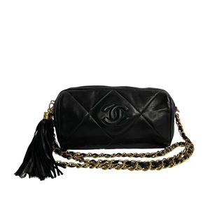 シャネル(CHANEL)の極 美品 シール有 0番台 CHANEL シャネル マトラッセ ラムスキン レザー 本革 フリンジ チェーン ミニ ショルダーバッグ ブラック 18789(ショルダーバッグ)