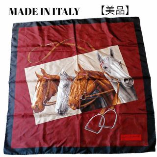 【美品✴️】イタリー製 高級シルクスカーフ 大判 馬柄赤/黒 チェック(バンダナ/スカーフ)