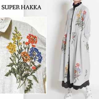 SUPER HAKKA - 大胆な刺繍が可愛い♪　コットンビエラ ブーケ刺繍シャツワンピース　フリー　グレー