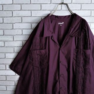 キューバシャツ☆アロハシャツ　半袖　開襟　オープンカラー　刺繍　ワイン　5XL(シャツ)