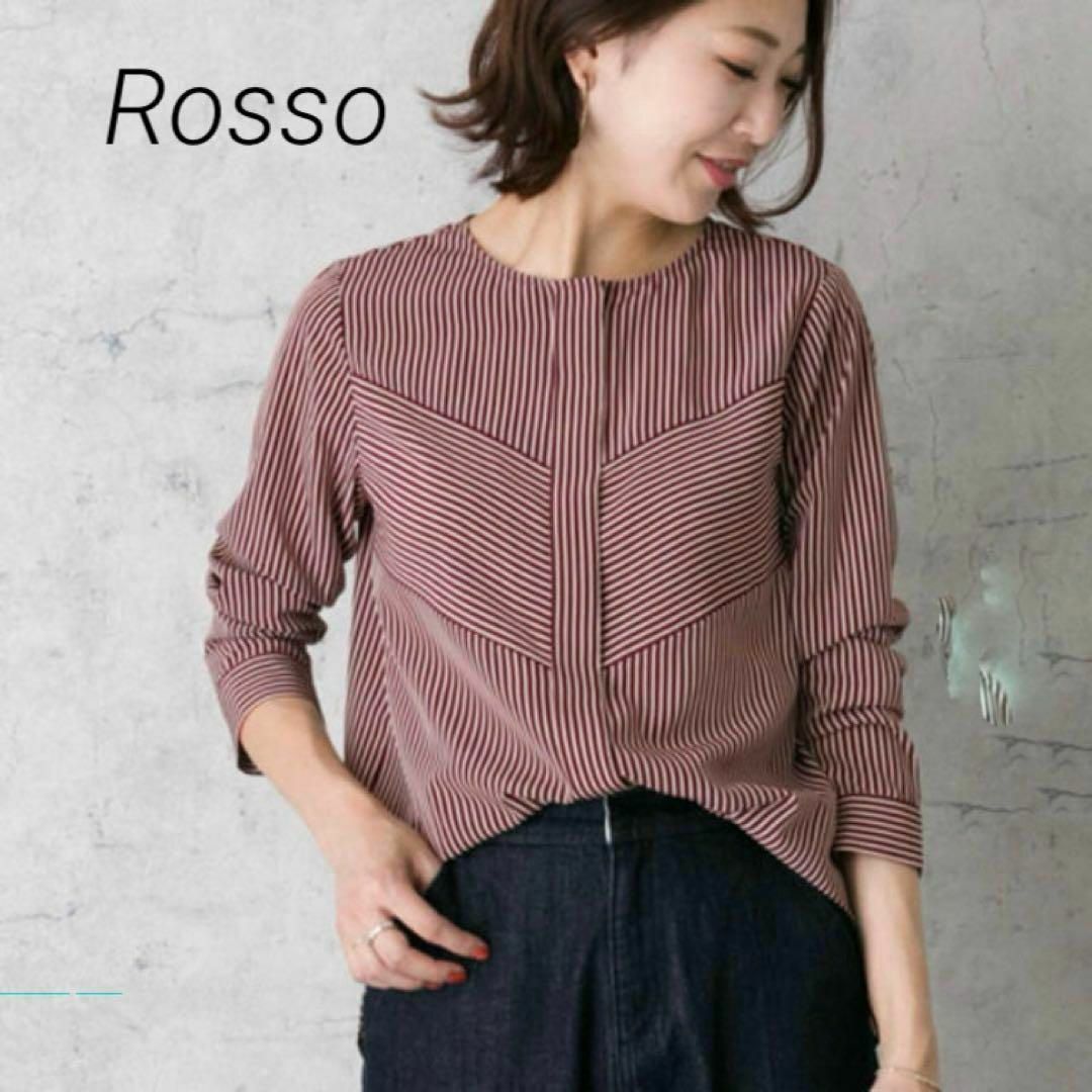 ROSSO(ロッソ)のROSSO ストライプ　シャツ　七分袖　切替デザイン　えんじ色　シワになりにくい レディースのトップス(シャツ/ブラウス(長袖/七分))の商品写真