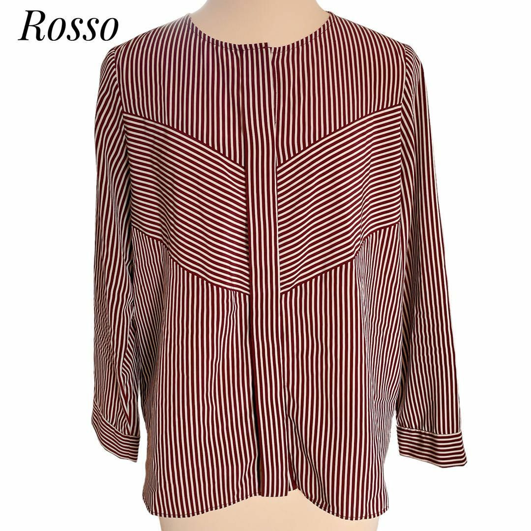 ROSSO(ロッソ)のROSSO ストライプ　シャツ　七分袖　切替デザイン　えんじ色　シワになりにくい レディースのトップス(シャツ/ブラウス(長袖/七分))の商品写真