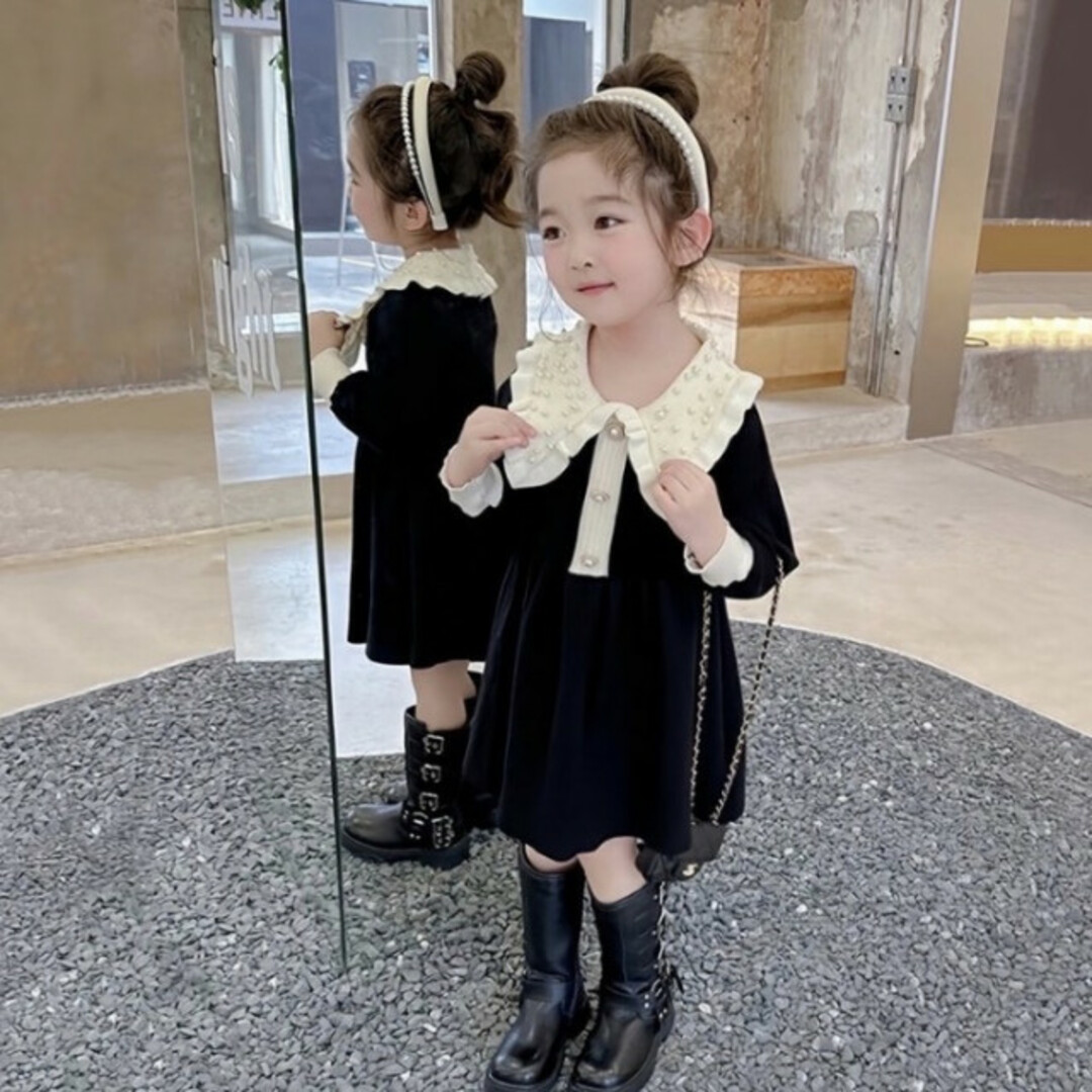 キッズ 120 ビッグカラー パールドット ワンピース フォーマル 綺麗 子供服 キッズ/ベビー/マタニティのキッズ服女の子用(90cm~)(ワンピース)の商品写真