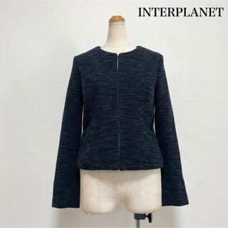 INTERPLANET - INTERPLANET ツイードノーカラージャケット ネイビー 仕事 入学卒業