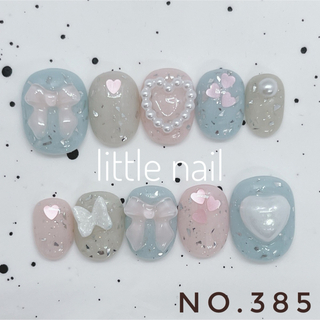 ネイルチップ No.385個性派韓国現品オーダーリボンガーリー水色ピンク量産型
