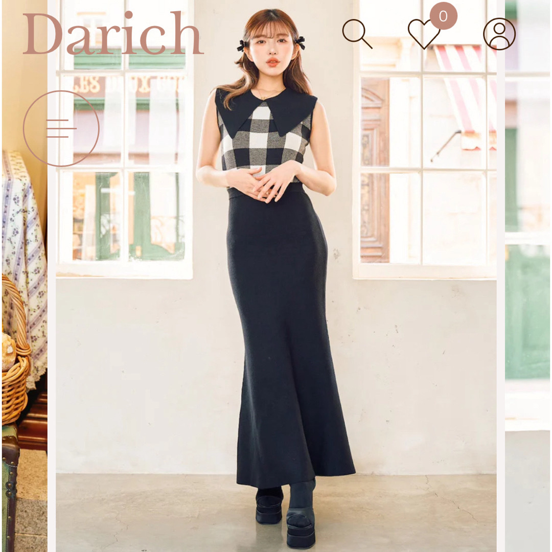 Darich(ダーリッチ)のビックカラーギンガムチェックニットロングワンピース レディースのワンピース(ロングワンピース/マキシワンピース)の商品写真