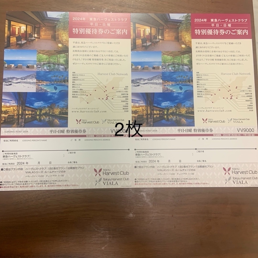 東急ハーベスト　特別優待券　2枚 チケットの優待券/割引券(宿泊券)の商品写真