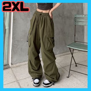 カーキ 2XL パラシュートカーゴパンツ　ワイドパンツ　ストリート　カーゴパンツ(ワークパンツ/カーゴパンツ)