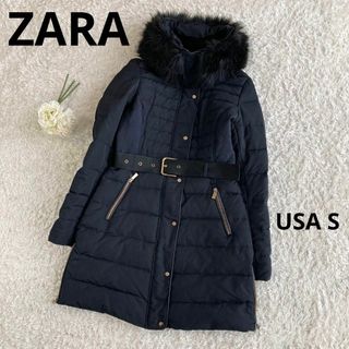 ZARA - 良品★ザラ★ダウンコート★ファー襟★ベルト★ゴールド金具★ブラック★USA S