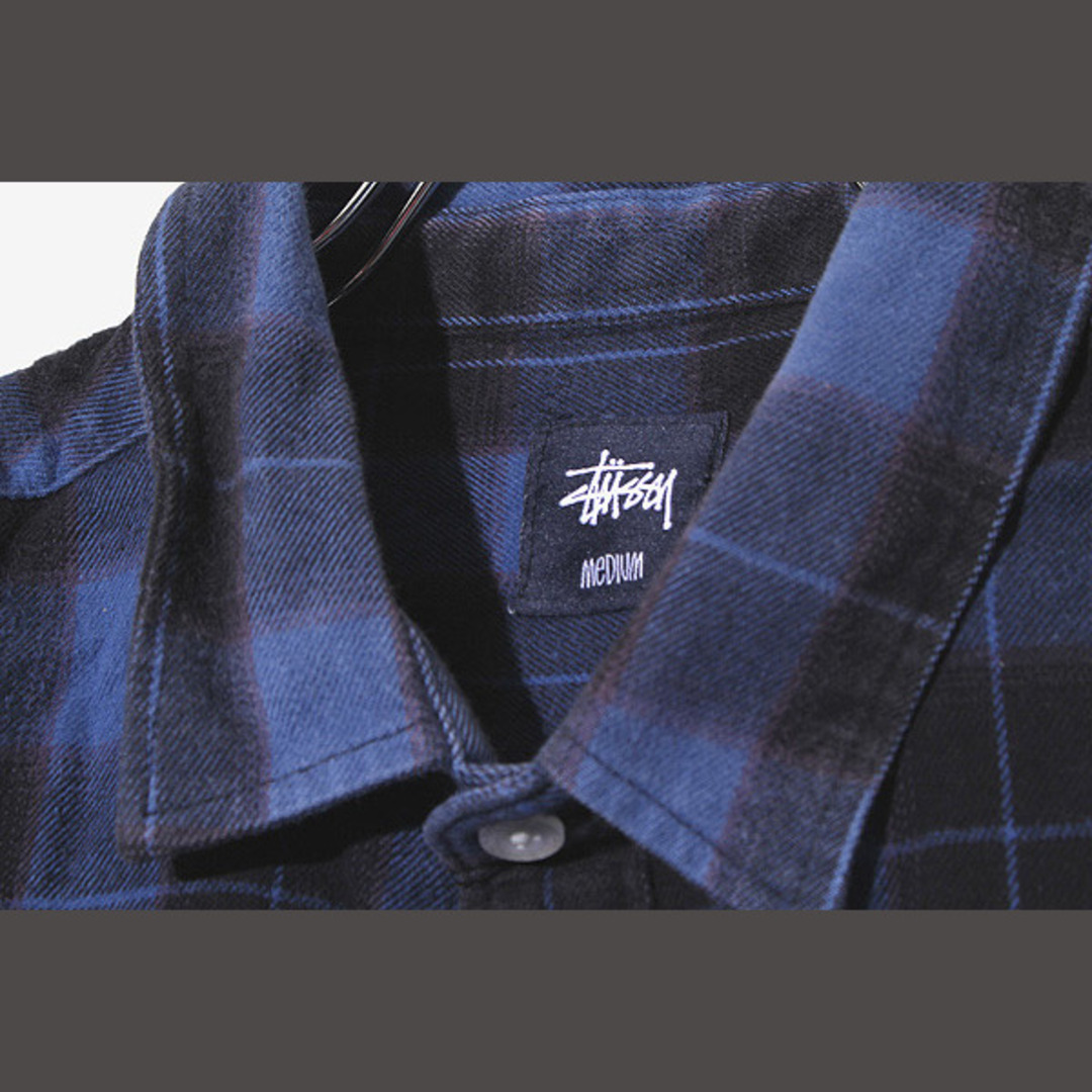 STUSSY(ステューシー)のSTUSSY コットン チェック ボタンアップ 長袖シャツ M ブルー メンズのトップス(シャツ)の商品写真