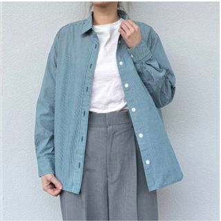 ムジルシリョウヒン(MUJI (無印良品))の無印良品 レギュラーカラー長袖TシャツLサイズ スモーキーグリーンストライプ新品(シャツ/ブラウス(長袖/七分))