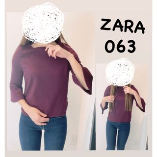 ザラ(ZARA)の【 ZARA W&B 】ザラ フリル袖 トップス ワインレッド S(カットソー(長袖/七分))